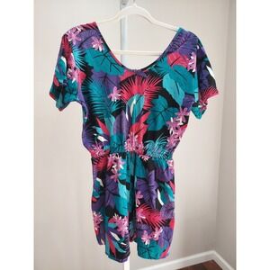 Vintage Tropical Floral Short Sleeve Romper Teal Purple Magenta Medium Resort